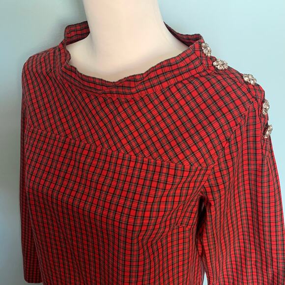 J. Crew Plaid Funnel Neck Shirt with Jeweled Buttons Size 0 - Picture 3 of 9